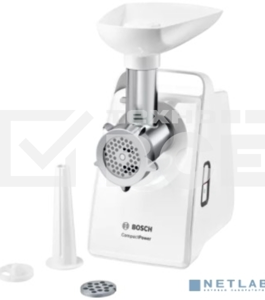 Мясорубка Bosch MFW3910W CompactPower, 1900Вт, 2,3 кг/мин, цвет: белый, механическая за щита от перегрузки, 1 скор. Комплект: 2 диска для фарша, насадка для кол басок