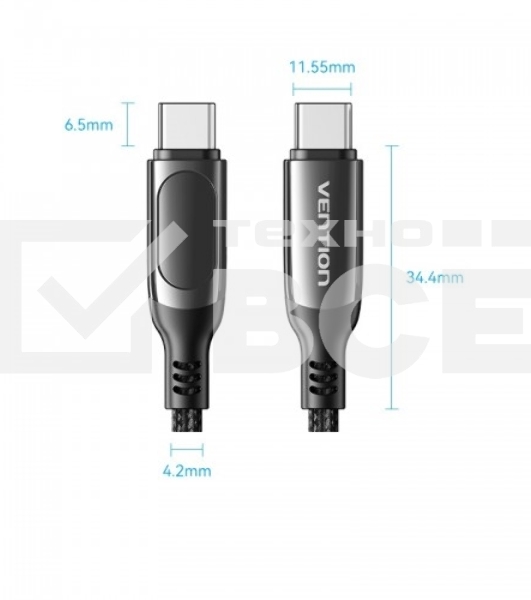 Кабель Vention USB 2.0 CM/CM с LED дисплеем - 1.2м. черный 5А PD100W, шт.