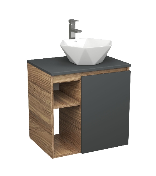 Тумба Bau Dream Blackwood 60 правая, графит, раковина BAU Crystal 40х40, смеситель для раковины высокий Hotel Still, нержавеющая сталь
