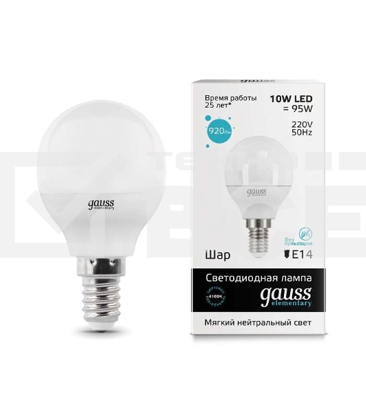 Лампа светодиодная LED 10Вт E14 220В 4100К Elementary шар 53120 Gauss