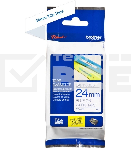 Картридж Brother TZ-E253 24 мм, 8 м, синий шрифт, белый фон, для BROTHER P-Touch