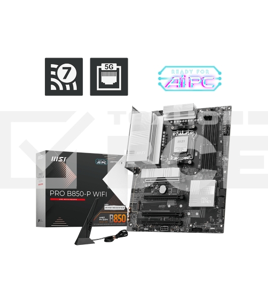 Материнская плата MSI PRO B850-P WIFI, AM5, AMD B850, 4xDDR5, 4xSATA, 3xM.2, 1xPCIe 5.0 x16, 1xPCIe 4.0 x4, 2xPCIe 3.0 x1, 1xHDMI, 1x5Gb LAN, Wi-Fi 7, 4xUSB 2.0, 1xUSB 3.2 Gen 1, 1xUSB 3.2 Gen 2, 2xUSB-C 3.2 Gen 2, 2x3.5 мм, 7.1, ATX