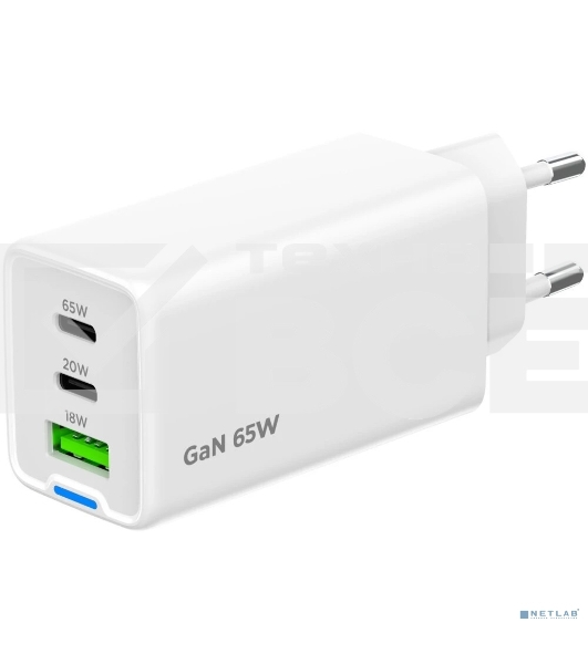 Зарядное устройство Cablexpert MP3A-PC-65, 65Вт GaN, 3,25A, QC4.0/PD, 2xType-C, 1xUSB, белый, коробка