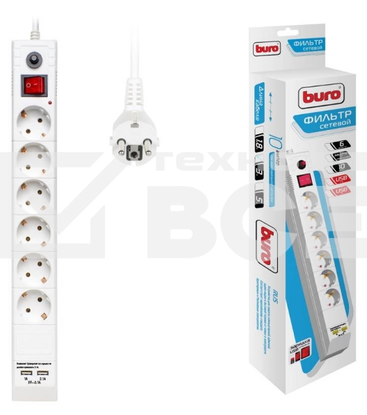 Сетевой фильтр Buro BU-SP3_USB_2A-W 3м (6 розеток) белый (коробка)
