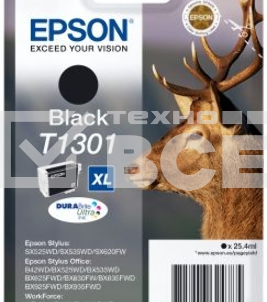 Картридж струйный Epson T1301 (C13T13014012/C13T13014010) черный, 25.4 мл, для SX520WD/SX620FW/BX525WD/BX625FWD
