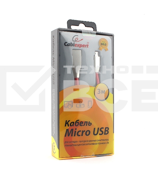Кабель USB 2.0 Cablexpert CC-G-mUSB01R-3M, AM/microB, серия Gold, длина 3м, красный, блистер