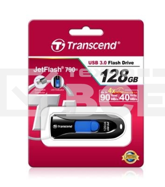 Флешка USB Transcend JetFlash 790 (TS128GJF790K), 128Gb, USB 3.0, R/W 90/40, черный/синий