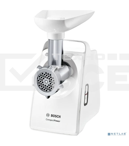 Мясорубка Bosch MFW3910W CompactPower, 1900Вт, 2,3 кг/мин, цвет: белый, механическая за щита от перегрузки, 1 скор. Комплект: 2 диска для фарша, насадка для кол басок