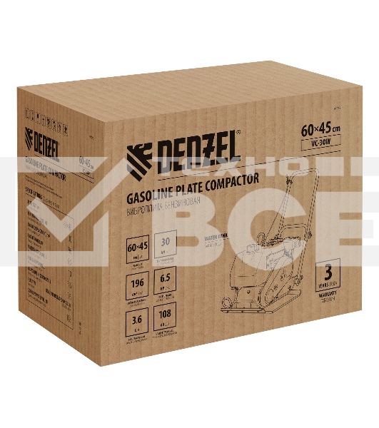 Виброплита бензиновая Denzel VC-30W 3.6 л, 1.7 л/ч, 30 кН, подошва 65х45, 108 дБ