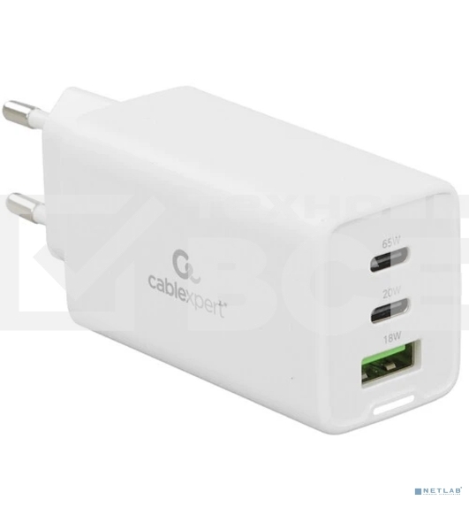 Зарядное устройство Cablexpert MP3A-PC-65, 65Вт GaN, 3,25A, QC4.0/PD, 2xType-C, 1xUSB, белый, коробка