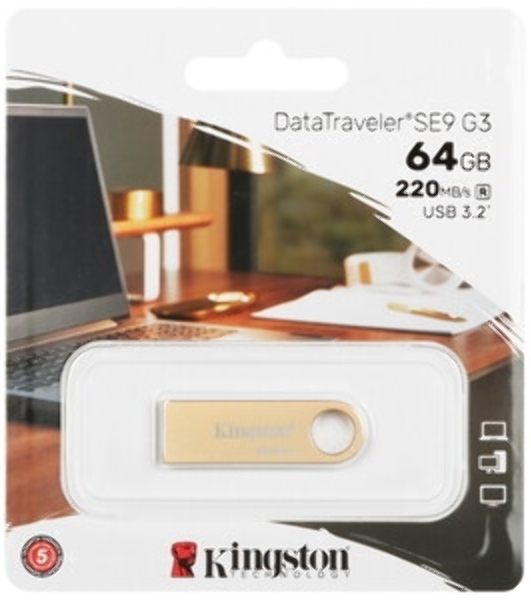 Флешка USB Kingston DataTraveler SE9 G3 (DTSE9G3/64Gb), 64Gb, USB 3.2 Gen 1, R/W 220/100, золотистый
