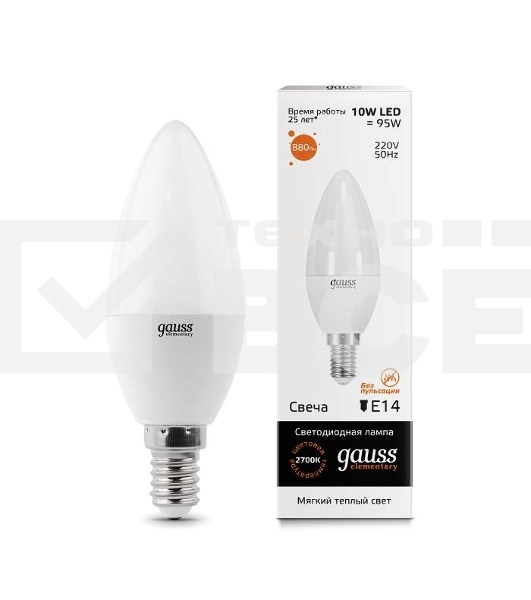 Лампа светодиодная LED 10Вт E14 220В 2700К Elementary свеча 33110 Gauss