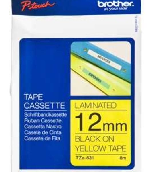 Наклейка ламинированная Brother TZe-631 (12 мм черн/желт, аналог TZ-631)