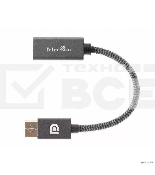 Кабель-переходник DP --> HDMI-F 0.2m , серый металлик, оплетка, 4K@60Hz, Telecom (TA560)