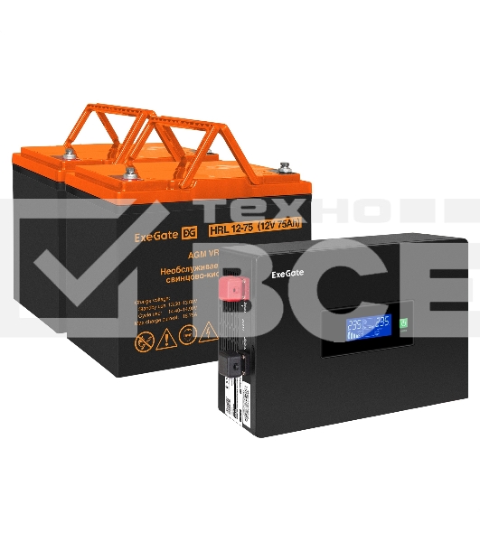 Комплект источника бесперебойного питания Exegate EX295994RUS + батарея 75Aч EX285653RUS 2шт (инвертор, синус, для котла, PF=1, настенный) ExeGate IdealSine SR-1500.LCD.2SH  <1500VA/1500W, чистая синусоида, цветной LCD-дисплей, 2*Schuko, крепление настенн