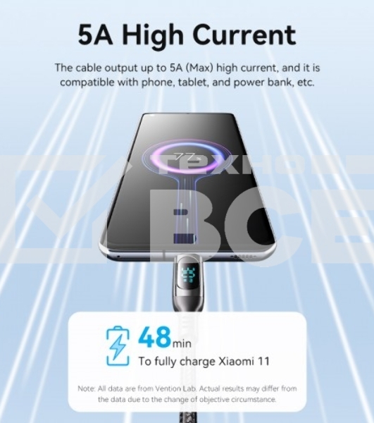 Кабель Vention USB 2.0 CM/CM с LED дисплеем - 1.2м. черный 5А PD100W, шт.