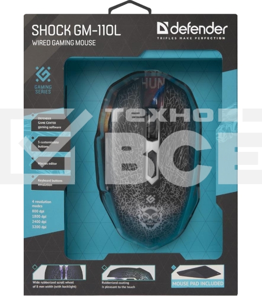 Мышь проводная Defender Shock GM-110L черный, 3200 dpi, USB, кнопки - 6