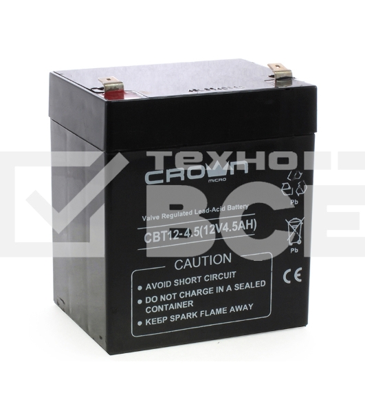 Батарея CROWN CBT-12-4.5, напряжение 12В, ёмкость4,5 А/Ч, размеры (мм)90х70х101, вес 1,48 кг, тип клеммы - F2, тип АКБ - свинцово кислотная с загущеным электролитом в гель, срок службы 6 лет