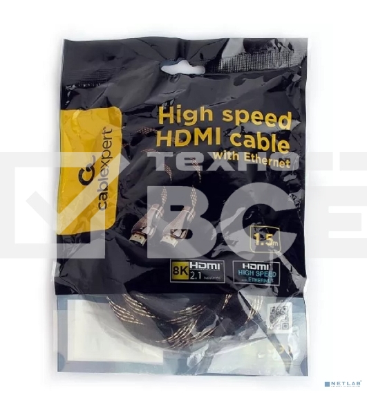 Кабель Cablexpert HDMI CCP-HDMI8К-1.5M, 19M/19M, v2.1, 8К, медь, позол.разъемы, экран, оплетка, 1.5м, черный, пакет