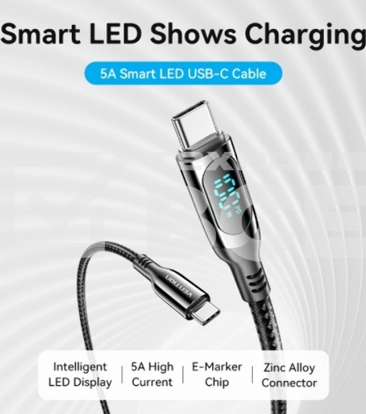Кабель Vention USB 2.0 CM/CM с LED дисплеем - 1.2м. черный 5А PD100W, шт.