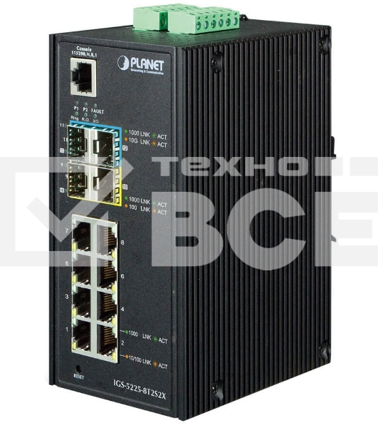 Индустриальный PoE коммутатор IGS-5225-8P4S для монтажа в DIN-рейку IP30 Industrial L2+/L4 8-Port 1000T 802.3at PoE+ 4-port 100/1000X SFP Full Managed Switch (-40 to 75 C, dual redundant power input on 48~56VDC terminal block, DIDO, ERPS Ring Supported, 1