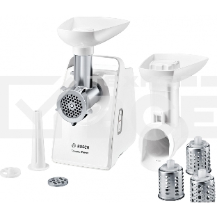Мясорубка Bosch MFW3X13W CompactPower,2000Вт, 2,5 кг/мин, цвет: белый, механическая защ ита от перегрузки, 2 скор., реверс.Комплект: 2 диска для фарша, насадка для колбасок, насадка-терка (3 барабана)