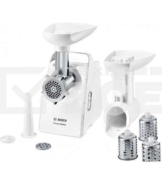 Мясорубка Bosch MFW3X13W CompactPower,2000Вт, 2,5 кг/мин, цвет: белый, механическая защ ита от перегрузки, 2 скор., реверс.Комплект: 2 диска для фарша, насадка для колбасок, насадка-терка (3 барабана)