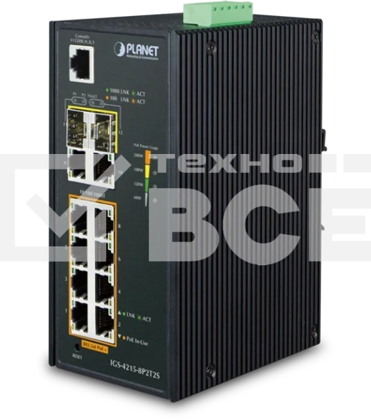 Индустриальный PoE коммутатор IGS-4215-8P2T2S для монтажа в DIN-рейку IP30 Industrial L2/L4 8-Port 10/100/1000T 802.3at PoE + 2-Port 10/100/100T + 2-Port 100/1000X SFP Managed Switch (-40~75 degrees C), dual redundant power input on 48~56VDC terminal bloc