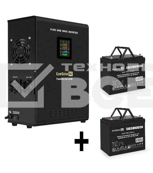 Комплект Источник бесперебойного питания EX296002RUS + батарея 75Aч EX282983RUS 2шт (инвертор, синус, для котла, настенный) ExeGate FineSine SX-2500.LCD.AVR.2SH <2500VA/1800W, чистая синусоида, цветной LCD-дисплей, AVR, 2*Schuko, линейно-интерактивный, кр