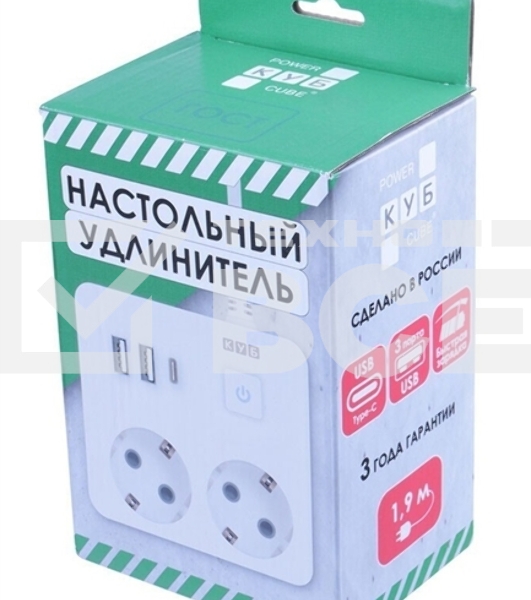 Бытовой удлинитель PowerCube, 2р с/з вык.,3USB, 3500 Вт, 16А, 1.9 м, 3*1,0 (белый) квадрат