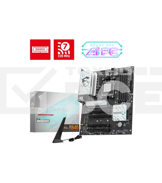 Материнская плата MSI B840 GAMING PLUS, Socket AM5, AMD B840, 4xDDR5, 4xSATA, 2xM.2, 1xPCI-E 4.0 x16, 1xPCI-E 3.0 x4, 3xPCI-E 3.0 x1, 1xHDMI, 1x 2.5Gb LAN, 4xUSB-A 2.0, 2xUSB-A 5Gbps, 1xUSB-C 5Gbps, 1xUSB-A 10Gbps, 1xUSB-C 10Gbps, 3x3.5 мм, 7.1, ATX