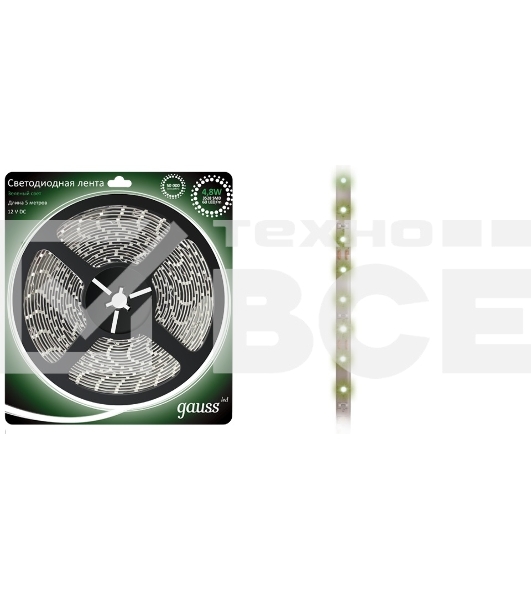 Лента светодиодная GAUSS 312000605 LED 2835/60-SMD 4.8W 12V DC зеленый блистер 5м