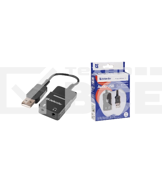 Кабель-переходник Defender / Аудиовход: 2 x 3.5 мм jack/ Аудиовыход: USB / встроенная звуковая карта. (63002)