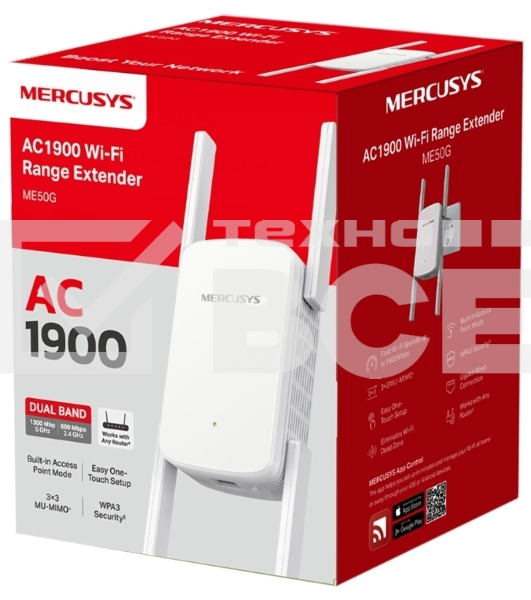 Роутер AC1900 Wi-Fi Range ExtenderSPEED: 600 Mbps at 2.4 GHz + 1300 Mbps at 5 GHz SPEC:  4× Fixed External Antennas, 1× Gigabit Port, Wall PluggedFEATURE: MERCUSYS APP, WPS/Reset Button, Signal Indicator, Range Extender/Access Point mode, Adaptive Path