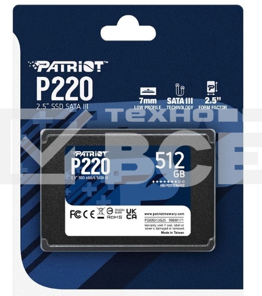 Накопитель SSD Patriot P220, 512GB, SATA III, 2.5