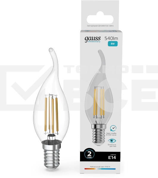 Лампа филам. Gauss Filament 8Вт цок.:E14 свеча св.свеч.бел.нейт. (упак.:10шт) (42128)