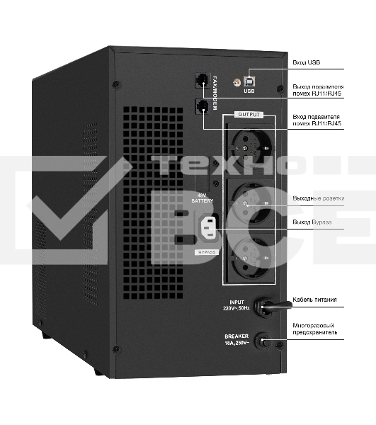 Источник бесперебойного питания (инвертор, синус, для котла) ExeGate SineTower SN-3000.LCD.AVR.3SH.1C13.RJ.USB <3000VA/2400W, чистая синусоида, LCD дисплей, AVR, 3*Schuko+1*C13, RJ45/11, USB, линейно-интерактивный, Black>