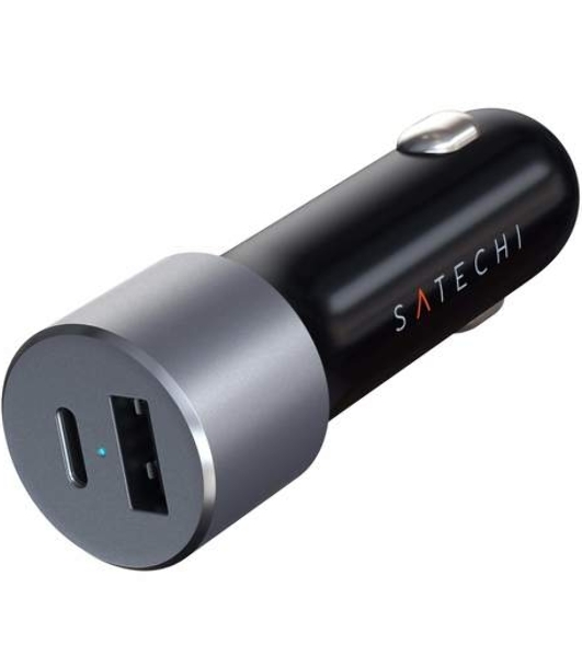 Автомобильное зарядное устройство Satechi 72W Type-C PD Car Charger. Входное напряжение 12В. Порты 1 x USB-A 12W, 1 x USB-C 60W.  серый космос.