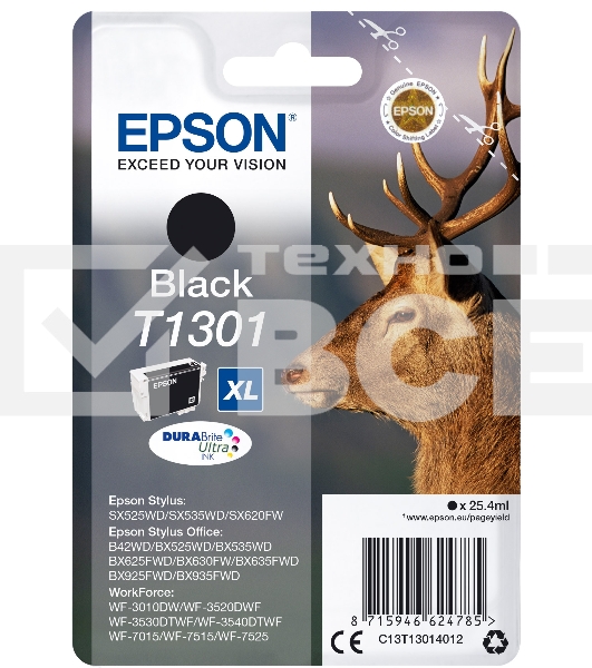 Картридж струйный Epson T1301 (C13T13014012/C13T13014010) черный, 25.4 мл, для SX520WD/SX620FW/BX525WD/BX625FWD