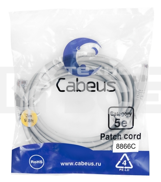 Шнур комм. Cabeus, кат. 5е, неэкр., U/UTP, RJ45/RJ45, LSZH, AWG24, 3м, серый