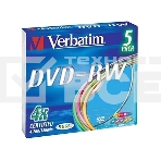 Диск DVD-RW Verbatim 4.7Gb 4x Slim case (5шт) Color (43563), фото 1