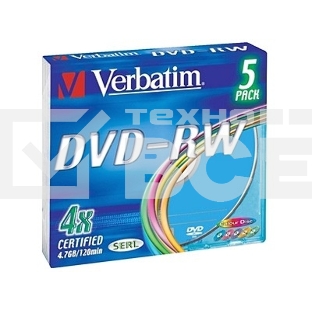 Диск DVD-RW Verbatim 4.7Gb 4x Slim case (5шт) Color (43563)