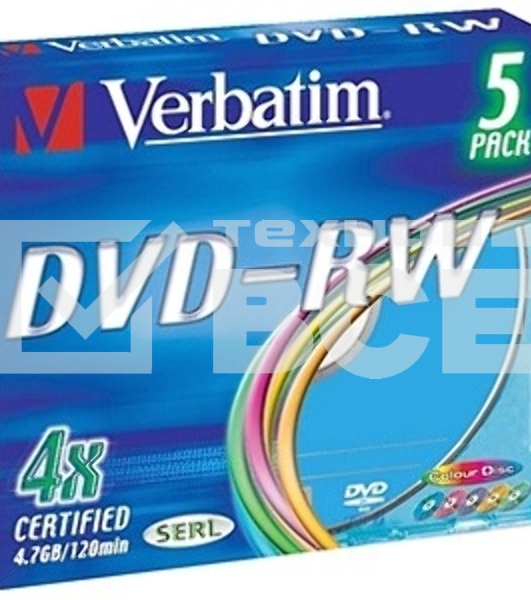 Диск DVD-RW Verbatim 4.7Gb 4x Slim case (5шт) Color (43563)