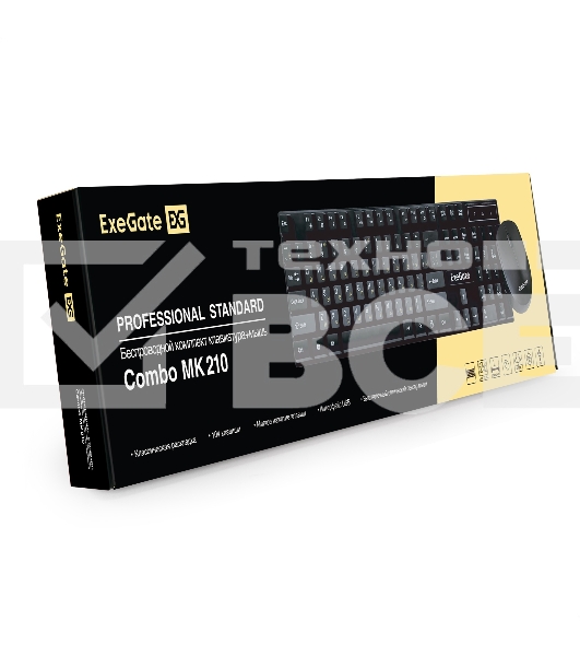 Комплект беспроводной ExeGate Professional Standard Combo MK210 (клавиатура полноразмерная влагозащищенная 104кл. + мышь оптическая 1200dpi, 3 кнопки и колесо прокрутки; USB, радиоканал 2,4 ГГц, радиус действия до 10м, черный, Color Box)