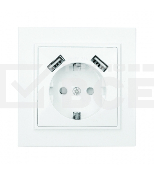 Розетка 1-местная СП с/з 16А белая с защ. штор. с 2 USB 2,1А EKF Минск