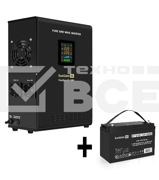 Комплект ИБП EX295997RUS + батарея 100Aч EX282985RUS 1шт (инвертор, синус, для котла, настенный) ExeGate FineSine SX-1000.LCD.AVR.2SH <1000VA/600W, чистая синусоида, цветной LCD-дисплей, AVR, 2*Schuko, линейно-интерактивный, крепление настенное/универсаль