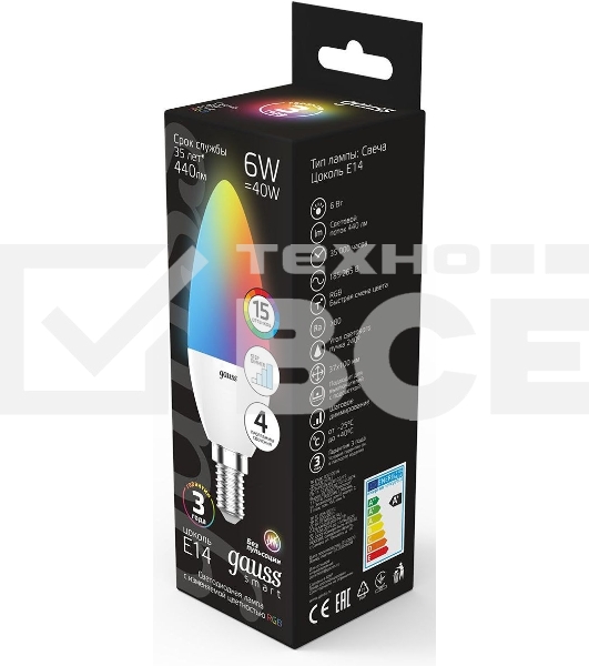 Лампа Свеча Gauss 6W E14 RGBW+димирование LED 1/10/100