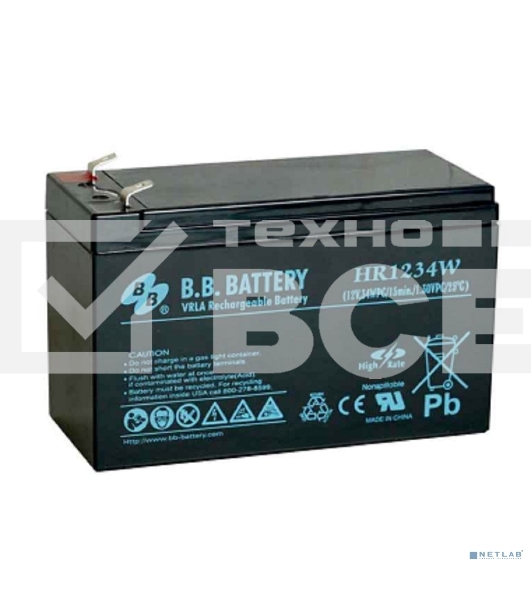 Батарея B.B. Battery серия HR, HR1234W, напряжение 12В, емкость 9Ач (разряд 20 часов), емкость 7Ач (разряд 10 часов), макс. ток разряда (5 сек.) 105А, макс. ток заряда 2.1A, свинцово-кислотная типа AGM, клеммы Т2, ДxШxВ 151x65x100мм., вес 2.5кг., срок слу