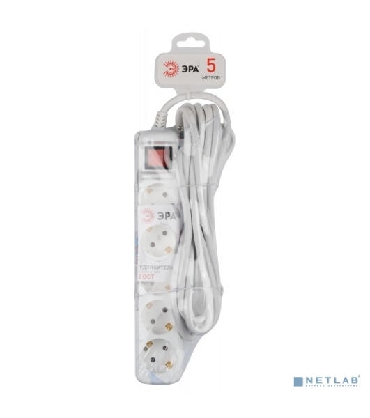 Удлинитель электрический ЭРА U-5es-5m-3x1,5 с заземлением с выключателем 5 розеток 5м ПВС 3x1,5мм2 16А