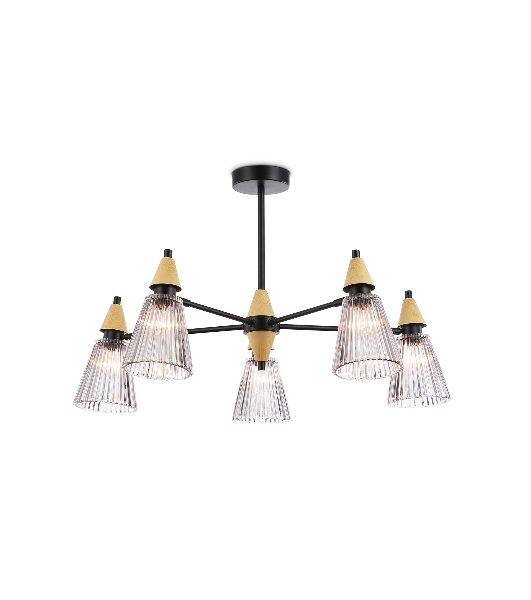 Люстра Ambrella light LH58114/5 BK/LW/SM черный/светлое дерево/дымчатый E14*5 max 40W D660*390